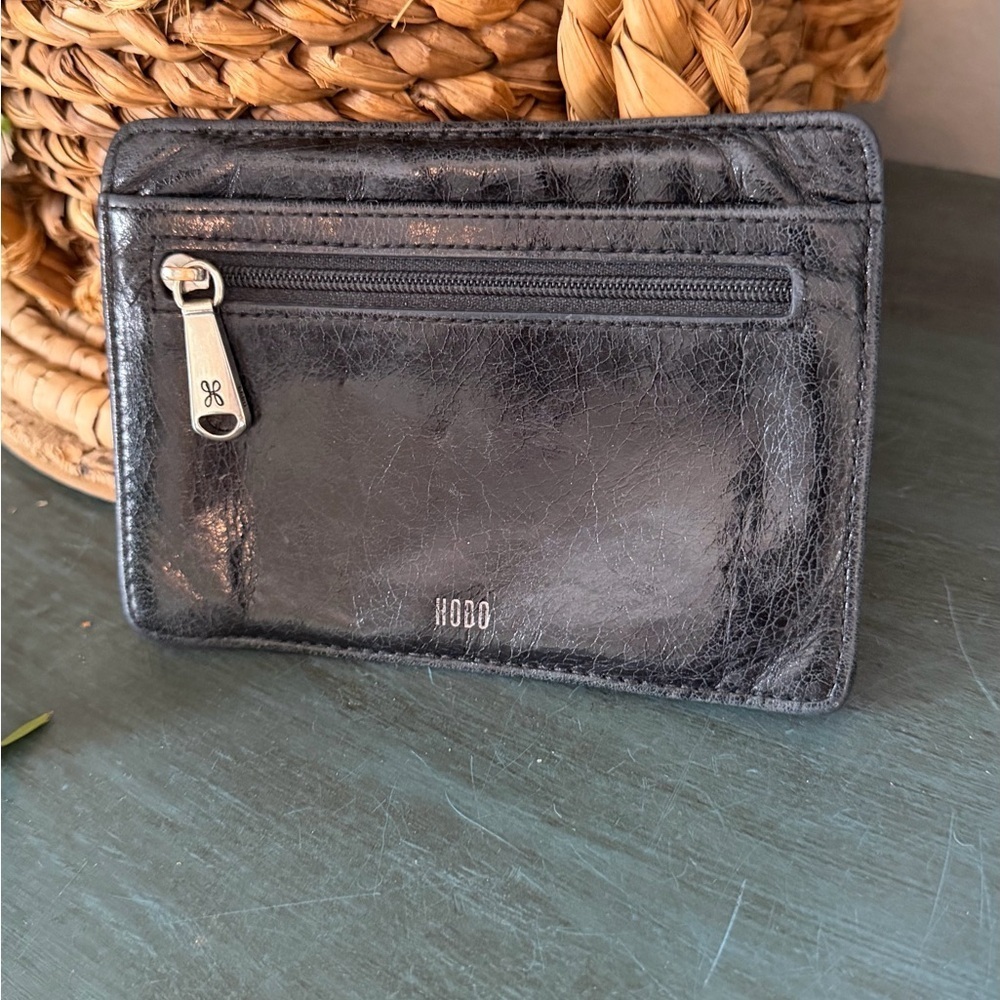 HOBO Euro Slide black leather card case. Five exterior card slots